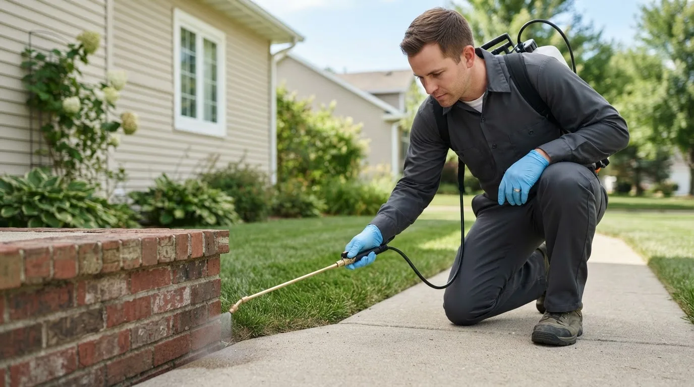 Pest control technician treating a home near Woodleaf, NC